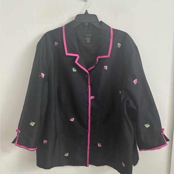 Silkland Jacket Silk Embroidered Umbrella Print Artsy Vintage Lounge Pink Trim - Picture 2 of 4